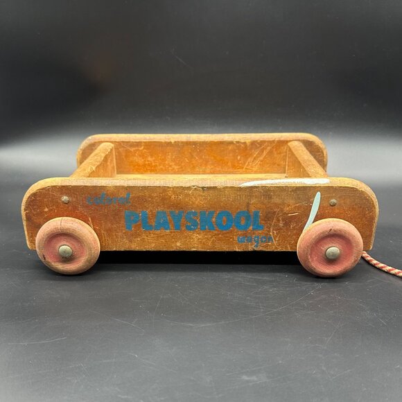 Vintage Playskool Wooden Wagon Pull Toy Blocks Rope Handle 1960s Mid Century - Picture 4 of 13